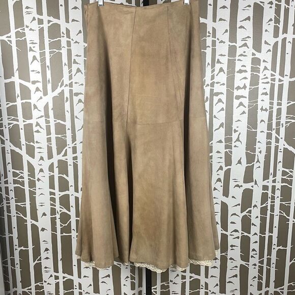 Genuine Suede Leather Maxi Skirt w Lace Hem 14 - Picture 1 of 15